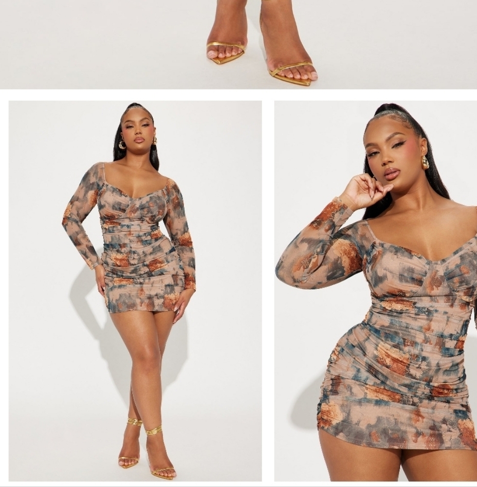 Fashion Nova Brown Orange Ruched Bodycon Dress